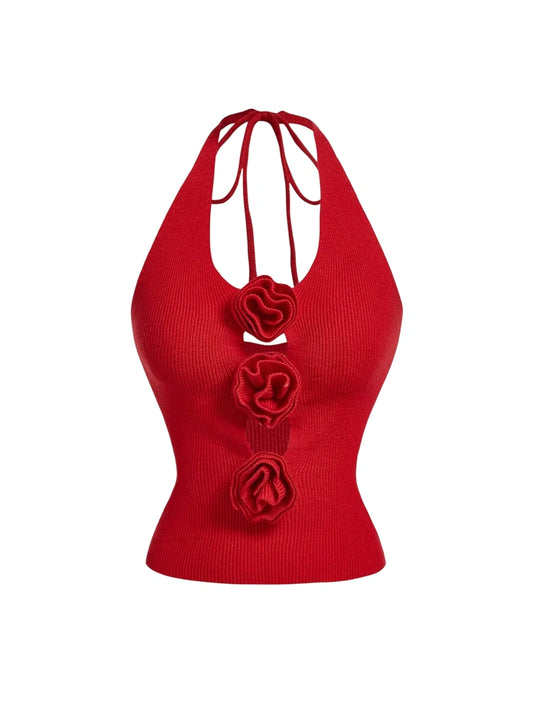 Halter Neck 3D Floral HollowOut Red Knitted TopRed TopChristmas Women TopsRed Sexy TopMermaid