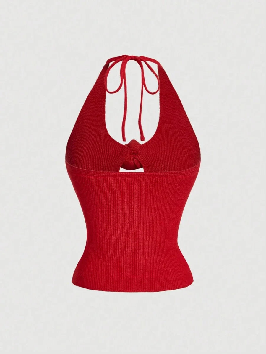 Halter Neck 3D Floral HollowOut Red Knitted TopRed TopChristmas Women TopsRed Sexy TopMermaid