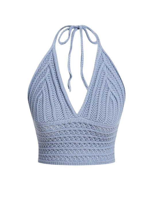Halter Neck Cinched Waist Elegant Music Festival Women Knitted Blouse