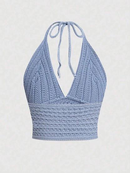 Halter Neck Cinched Waist Elegant Music Festival Women Knitted Blouse