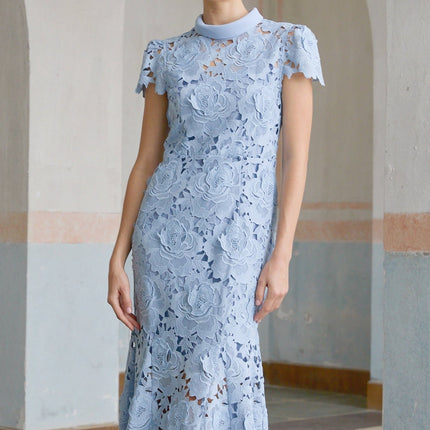 Hanna Blue Guipure Lace Floral Appliqué Midi Dress