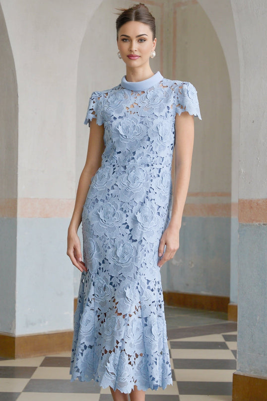 Hanna Blue Guipure Lace Floral Appliqué Midi Dress