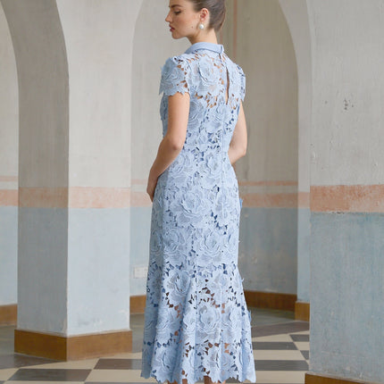 Hanna Blue Guipure Lace Floral Appliqué Midi Dress