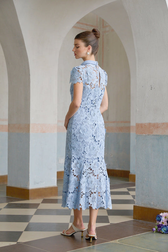 Hanna Blue Guipure Lace Floral Appliqué Midi Dress