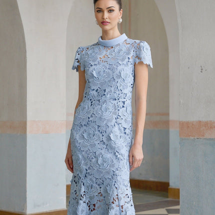 Hanna Blue Guipure Lace Floral Appliqué Midi Dress