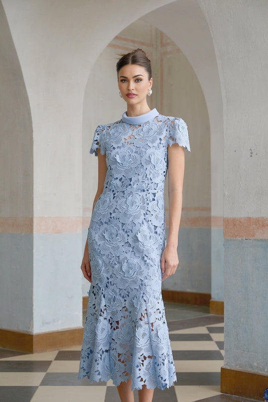 Hanna Blue Guipure Lace Floral Appliqué Midi Dress