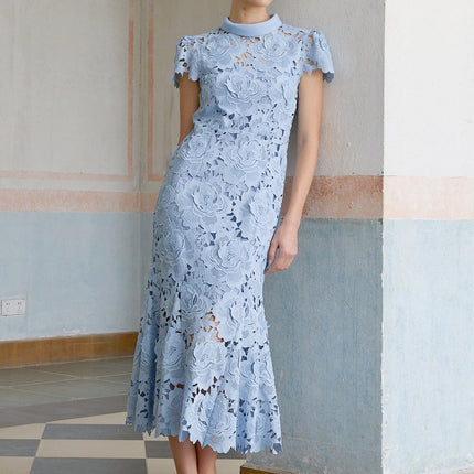 Hanna Blue Guipure Lace Floral Applique Midi Dress