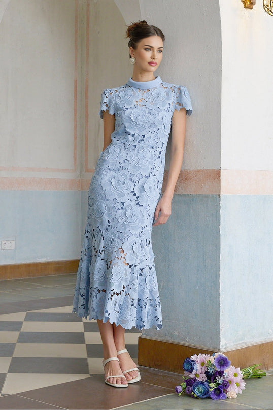 Hanna Blue Guipure Lace Floral Applique Midi Dress