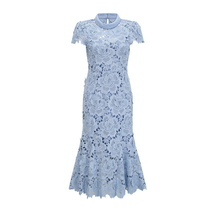 Hanna Blue Guipure Lace Floral Appliqué Midi Dress