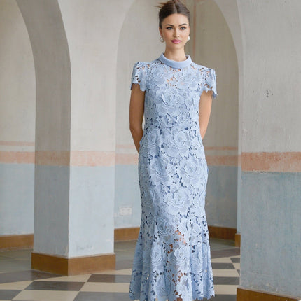 Hanna Blue Guipure Lace Floral Appliqué Midi Dress