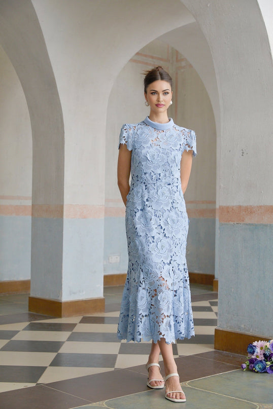 Hanna Blue Guipure Lace Floral Appliqué Midi Dress