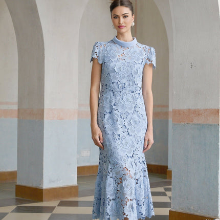 Hanna Blue Guipure Lace Floral Appliqué Midi Dress