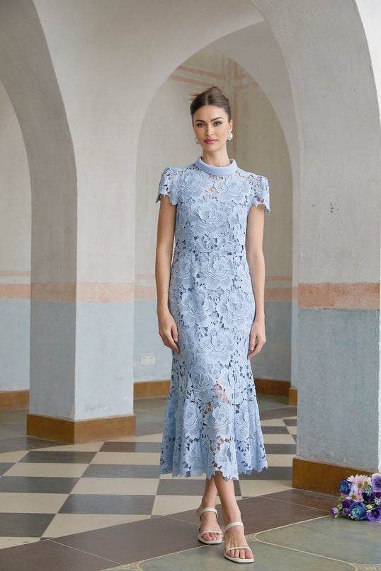 Hanna Blue Guipure Lace Floral Appliqué Midi Dress
