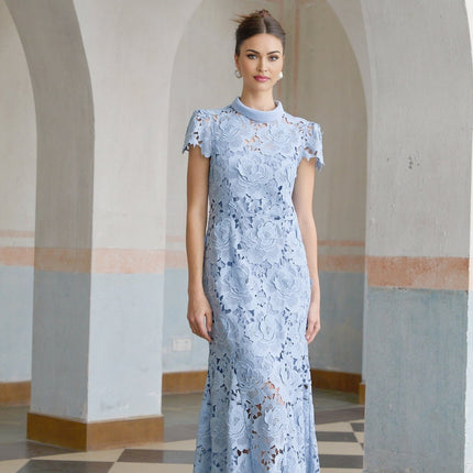 Hanna Blue Guipure Lace Floral Appliqué Midi Dress