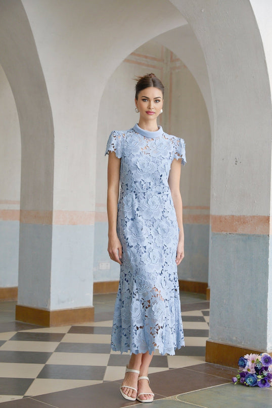 Hanna Blue Guipure Lace Floral Appliqué Midi Dress