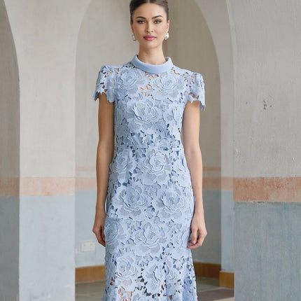 Hanna Blue Guipure Lace Floral Appliqué Midi Dress