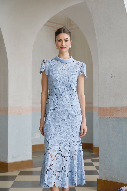Hanna Blue Guipure Lace Floral Appliqué Midi Dress