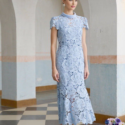 Hanna Blue Guipure Lace Floral Appliqué Scalloped Trim Midi Dress
