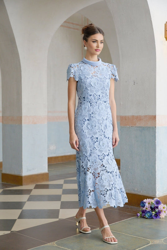 Hanna Blue Guipure Lace Floral Appliqué Scalloped Trim Midi Dress