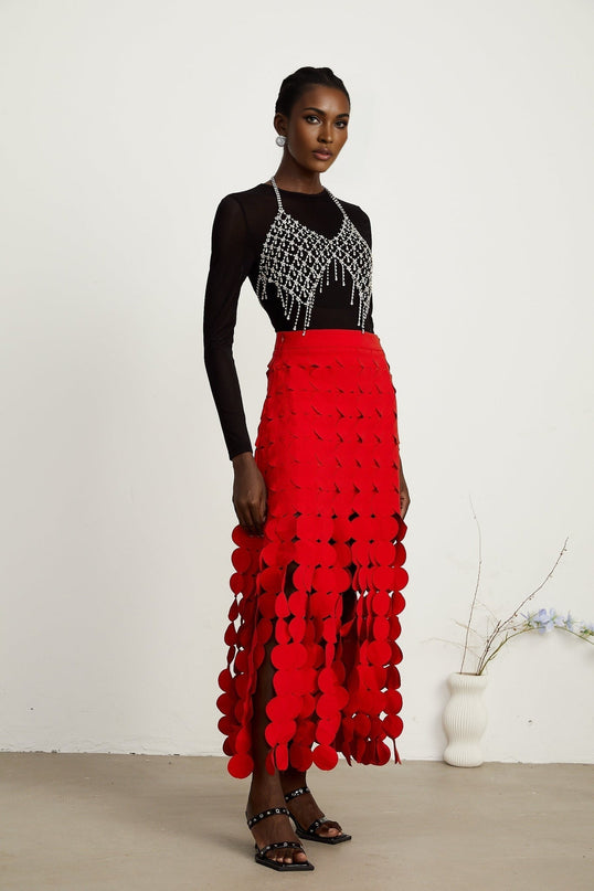 Hanna discdesign fringed maxi skirt in Red