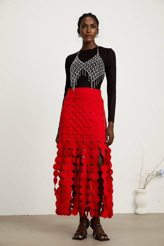 Hanna discdesign fringed maxi skirt in Red