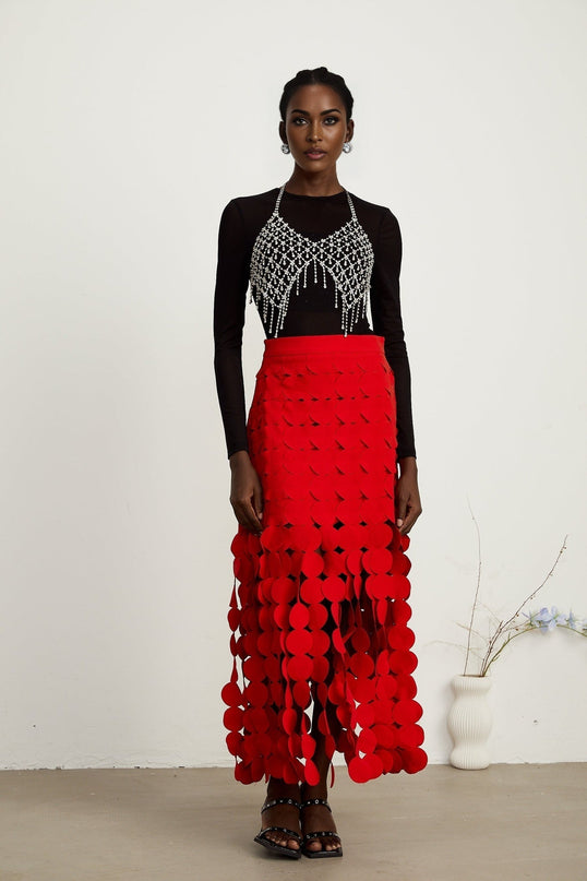 Hanna discdesign fringed maxi skirt in Red