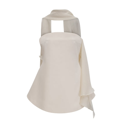 Hanna Neutrals Mini Dress Sleeveless Cinched Waist Ribbon Detail Flared Skirt Rear Zip Luxury Terylene Fiber Thigh Length