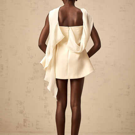 Hanna Neutrals Off-Shoulder Mini Dress Cinched Waist Ribbon Detail Flared Skirt Rear Zip Luxury Terylene Fiber Thigh-Length