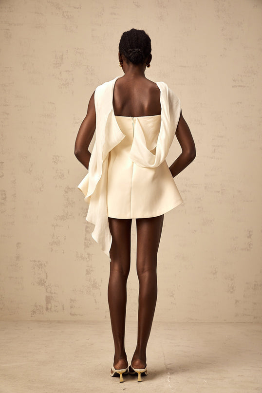 Hanna Neutrals Off-Shoulder Mini Dress Cinched Waist Ribbon Detail Flared Skirt Rear Zip Luxury Terylene Fiber Thigh-Length