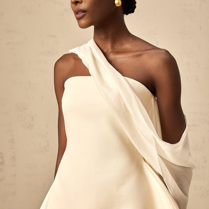 Hanna Neutrals Mini Dress Sleeveless Cinched Waist Off-the-Shoulder Elegant Charm Sophisticated Flared Skirt Luxury Terylene Fiber