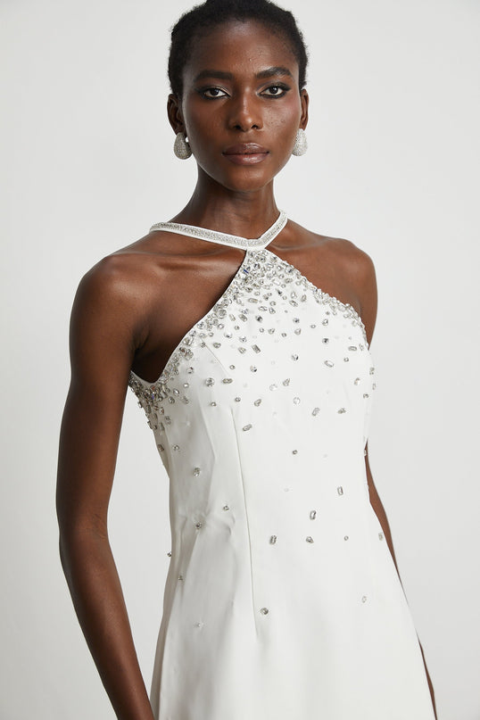 Hanna White Choker Mini Dress 100 Percent Polyester Embellished Rear Zip Elegant Chic Sophisticated Fashion Forward Versatile Must Have Modern Luxury Grace Flawless Silhouette Statement Piece