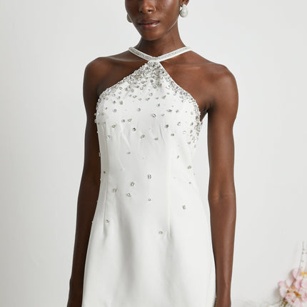Hanna White Choker Sleeveless Mini Dress Polyester Rear Zip Embellishment