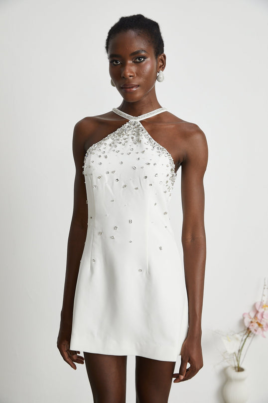 Hanna White Choker Sleeveless Mini Dress Polyester Rear Zip Embellishment