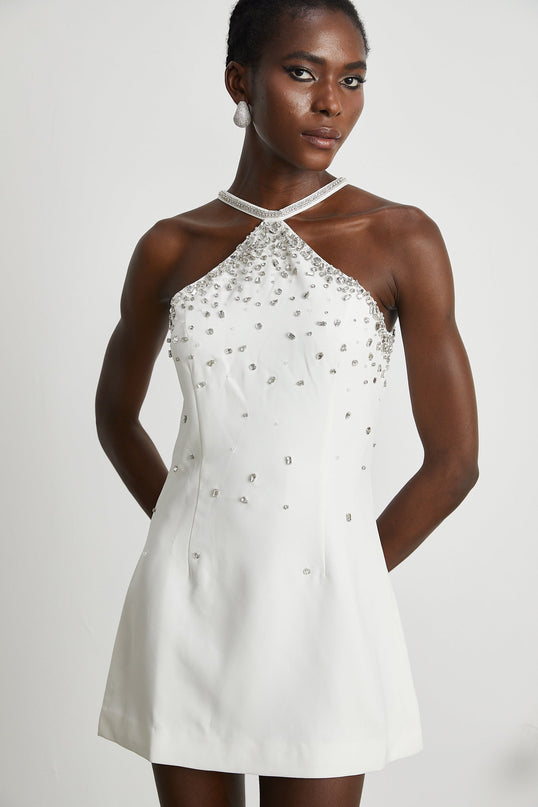 Hanna White Choker Sleeveless Mini Dress 100% Polyester Embellished Rear Zip Elegant Chic Versatile Luxury Graceful Flawless Silhouette Statement Piece