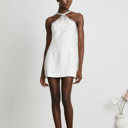Hanna White Choker Sleeveless Mini Dress 100 Percent Polyester Rear Zip Elegant Chic Versatile Fashion Forward Luxury Graceful Flawless Silhouette Statement Piece