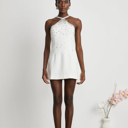 Hanna White Choker Sleeveless Mini Dress Polyester Embellished Rear Zip Elegant Chic Sophisticated Fashion Forward Luxury Graceful Flawless Silhouette Exquisite