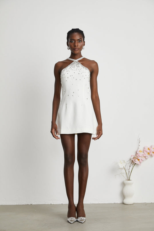 Hanna White Choker Sleeveless Mini Dress Polyester Embellished Rear Zip Elegant Chic Sophisticated Fashion Forward Luxury Graceful Flawless Silhouette Exquisite