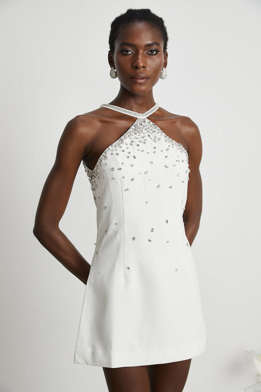 Hanna White Choker Sleeveless Mini Dress 100% Polyester Rear Zip Embellishment