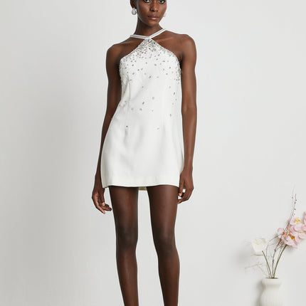 Hanna White Polyester Sleeveless Choker Mini Dress with Embellished Rear Zip for Upscale Occasions