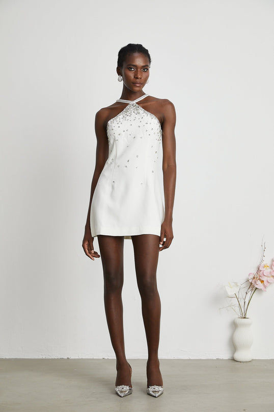 Hanna White Polyester Sleeveless Choker Mini Dress with Embellished Rear Zip for Upscale Occasions