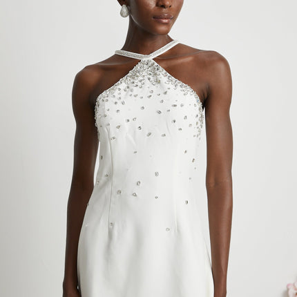 Hanna White Sleeveless Choker Mini Dress Polyester Embellished Rear Zip Elegant Chic Fashion Forward Luxury Graceful Exquisite Piece