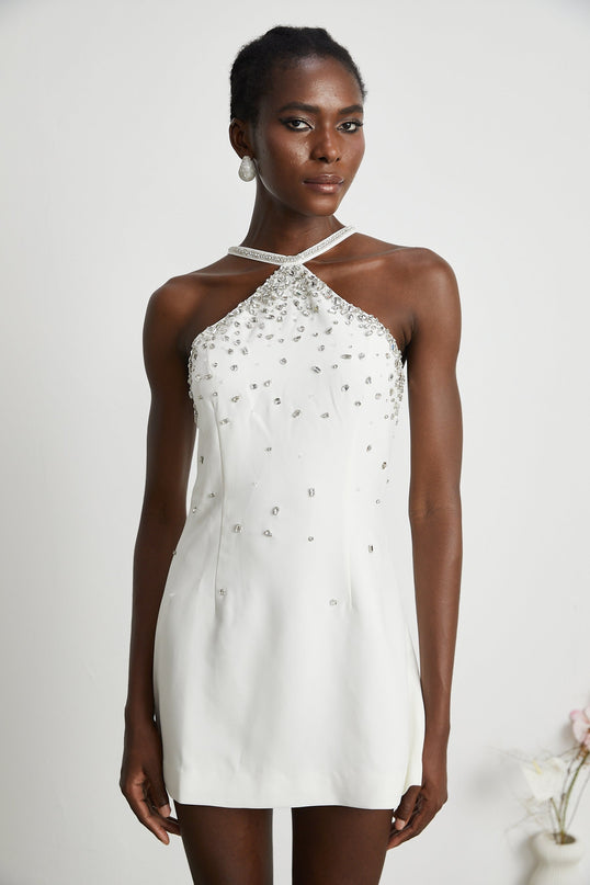 Hanna White Sleeveless Choker Mini Dress Polyester Embellished Rear Zip Elegant Chic Fashion Forward Luxury Graceful Exquisite Piece