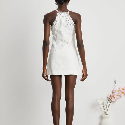 Hanna White Sleeveless Choker Mini Dress 100% Polyester Embellished Rear Zip
