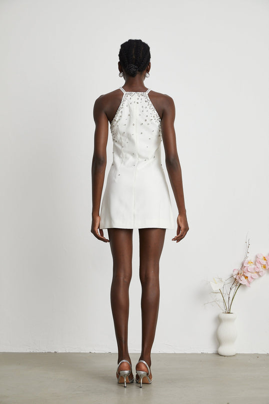 Hanna White Sleeveless Choker Mini Dress 100% Polyester Embellished Rear Zip
