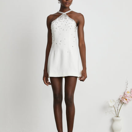 Hanna White Sleeveless Choker Mini Dress 100% Polyester Embellished Rear Zip Elegant Chic Versatile Fashion-Forward Modern Luxury Graceful Flawless Silhouette Statement Piece