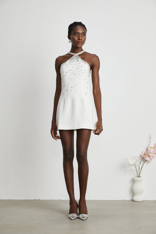 Hanna White Sleeveless Choker Mini Dress 100% Polyester Embellished Rear Zip Elegant Chic Versatile Fashion-Forward Modern Luxury Graceful Flawless Silhouette Statement Piece