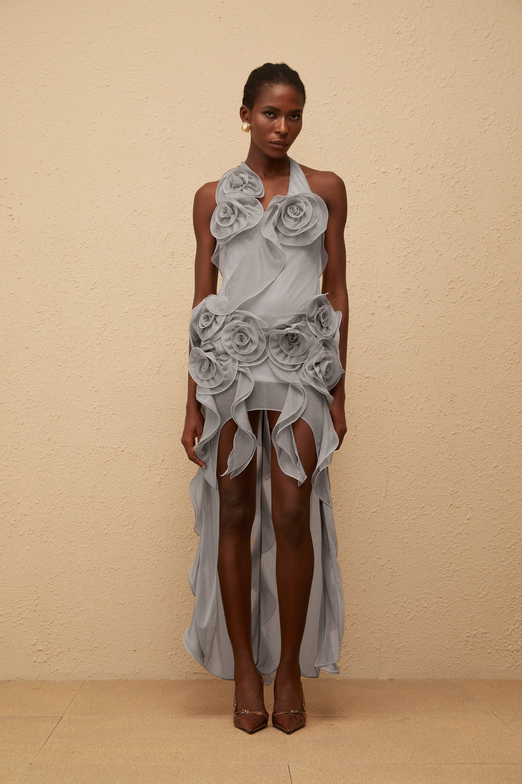 Hannabella Grey Asymmetrical Ruffled Floral Mini Dress