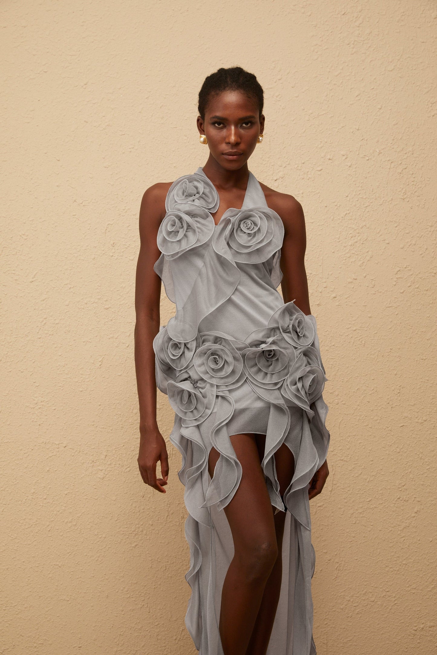 Hannabella Grey Asymmetrical Ruffled Floral Mini Dress