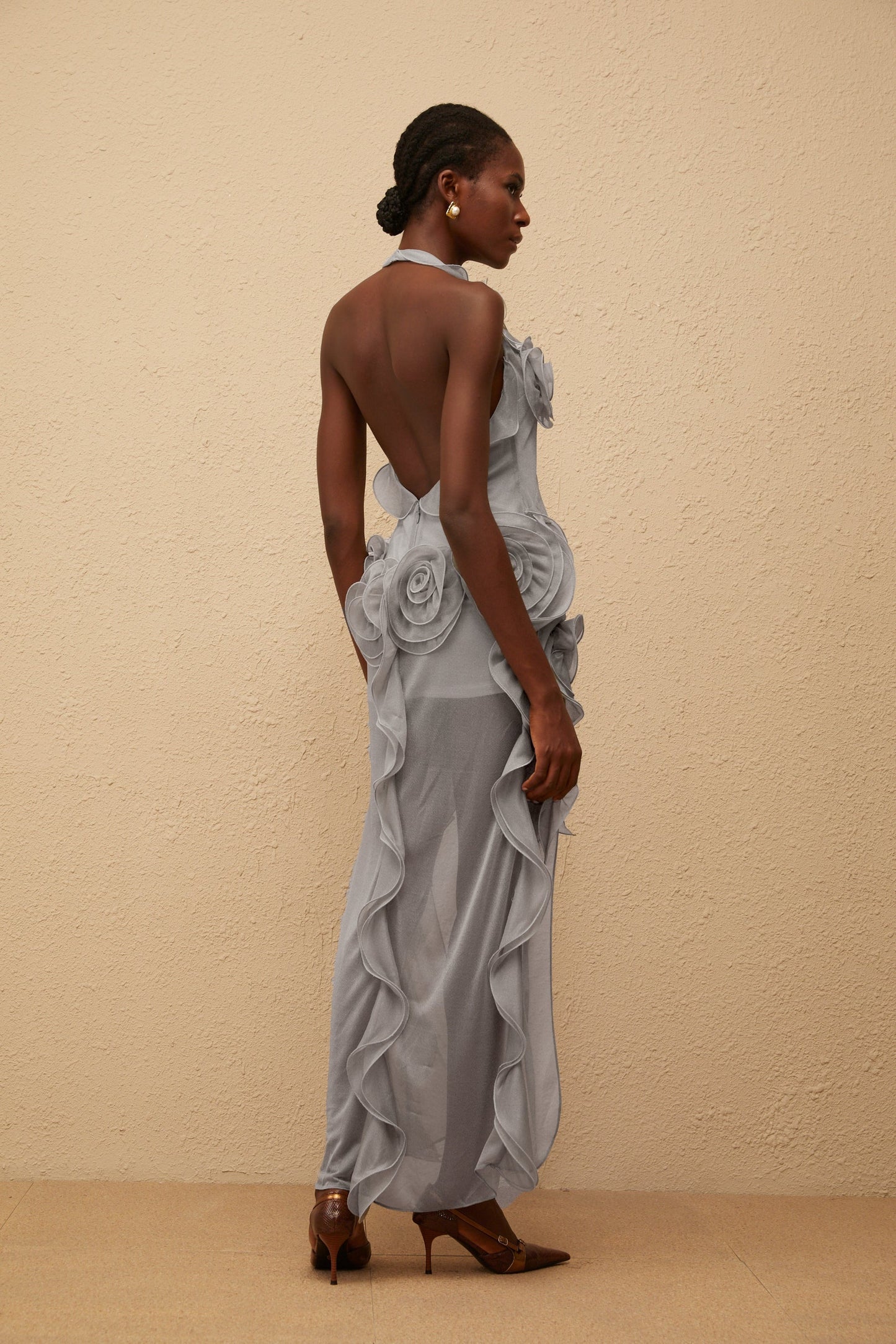 Hannabella Grey Asymmetrical Ruffled Floral Mini Dress