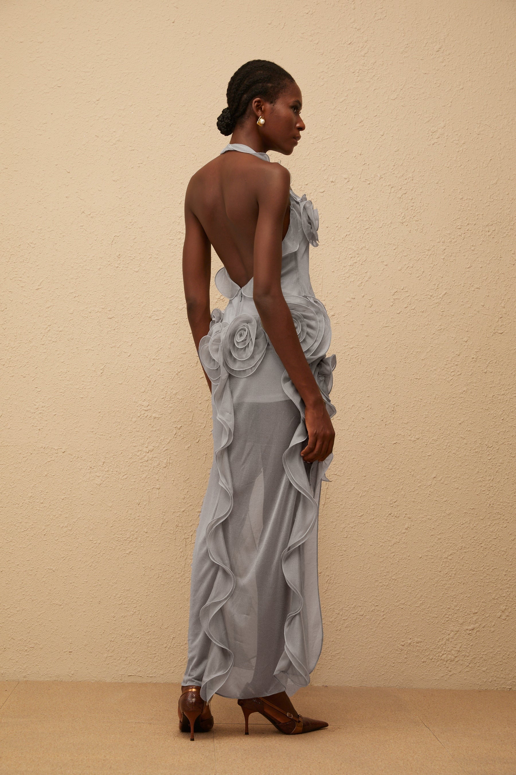 Hannabella Grey Asymmetrical Ruffled Floral Mini Dress